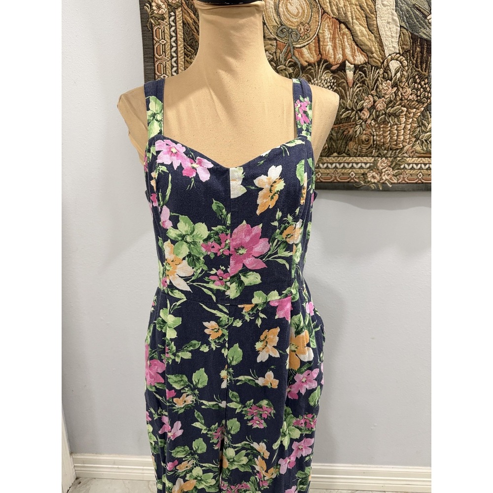Floral Jumpsuit Womens Medium Navy Blue Sleeveless Wide‎ Leg Summer Romper